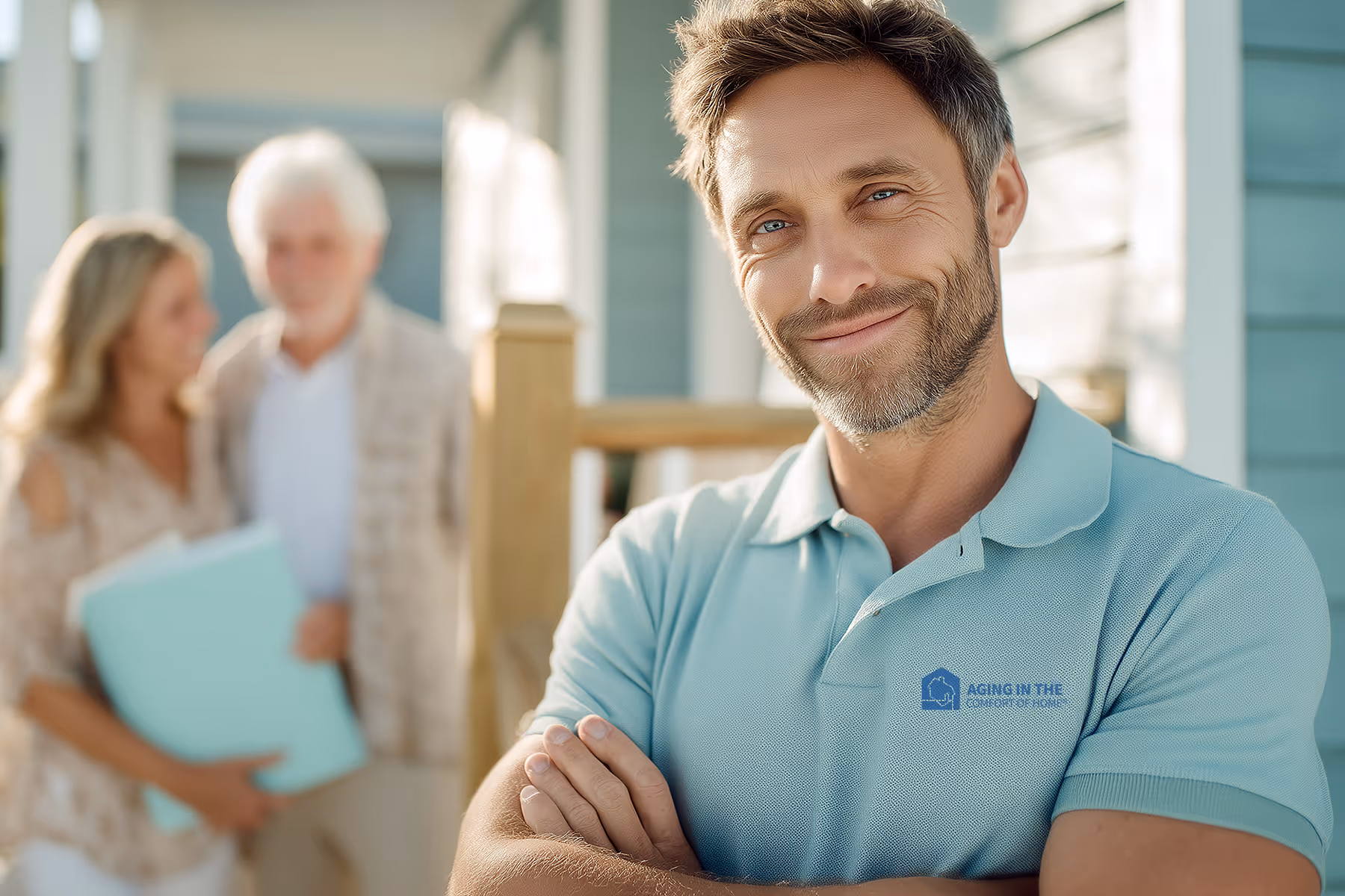 Aging In The Comfort Of Home® technician talking with a senior couple on the porch of their home